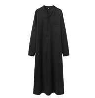 Thobe noir pour homme à manches longues, col montant, longueur au sol, respirant, robe de prière islamique, style modeste