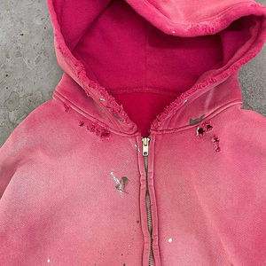 Poids lourd personnalisé ODM offre 100% coton français éponge soleil délavé à l'acide sweat à capuche imprimé en détresse rose fermeture éclair sweats à capuche pour hommes - Product Image 6