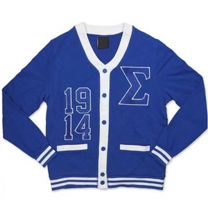 Pull cardigan en tricot pour femme personnalisé, col en V, boutons, style lettreman, avec des patchs en relief, design automnal, tenues de sororité grecque - Product Image 1