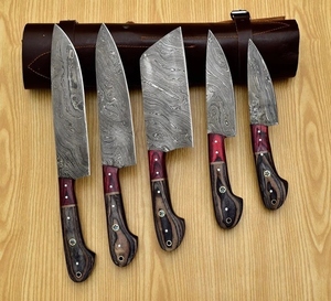Juego de cuchillos de Chef, 5 piezas, cuchillas de acero damasco, madera Pakka, respetuoso con el medio ambiente, duradero, ajustable, orientación de la mano, bolsa enrollable de cuero - Product Image 1