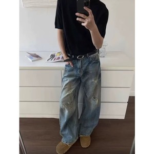 กางเกงยีนส์วินเทจขายส่งแบบฟอกสีสไตล์ดิสเทรสสำหรับผู้ชายและผู้หญิง ทรงหลวมขากว้างสไตล์แบ็กกี้ ยีนส์เดนิมแนวสตรีทเรโทรฮิปฮอปสำหรับฤดูใบไม้ผลิ - Product Image 4