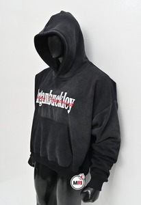 OEM personalizado de los hombres 3D patrón de lana con capucha ácido lavado pulóver en negro con suelto para Puff estampado bordado 3D patrón de otoño We - Product Image 5