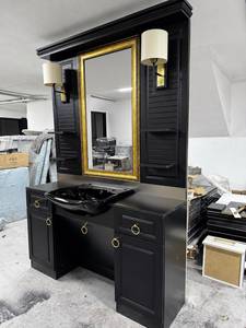 Black Gold Metal Salon Vanity <b>Set</b> with Hair Washing Station <b>Mirror</b> <b>Wall</b> Lamp Sink Cabinet for Barber Shop - Product Image 3