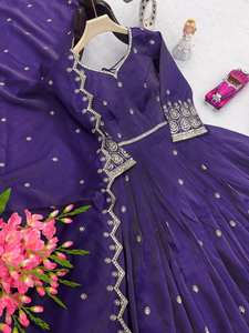 Conjunto de traje Anarkali largo bordado en morado de Unity Luxure Premium con dupatta, tela de seda brillante, ropa étnica para mujer - Product Image 6
