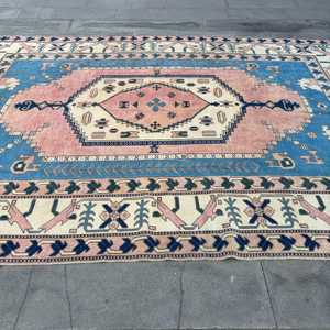 Alfombra Turca, Alfombra Extra Grande de 9.3x10.5 pies, Alfombra de Lana Azul y Rosa - Product Image 4