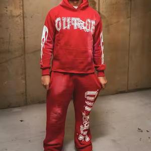 <b>100</b>% Cotton Two Piece Hoodies and Flare Sweat Pant Suit Stacked Joggers Tracksuit Sets Custom Sweatsuits Acid Wash Thick Fleece - Product Image 3