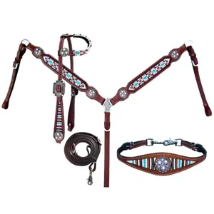 Manufacture Of Latest Design Leather Made Horse Western Headstall Black Western Headstall and Breastplate With Crystal Conchose