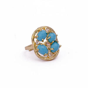 Bagues en pierre précieuse turquoise bleue plaquées or, sertissage à griffes, ovale, pierre de naissance de décembre, réglable, tendance, lot en vrac, fournitures de bijoux - Product Image 1