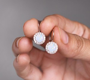 White Opal Leverback <b>Earrings</b> Round Halo Drop And Dangle <b>Earrings</b> Opal Jewelry Gift For Mother Elegant <b>Earrings</b> For Women - Product Image 3