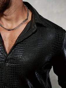 Streetwear Baggy noir décontracté pour hommes Chemise en cuir respirant solide tricoté Satin de haute qualité personnalisé à manches longues sans col - Product Image 4