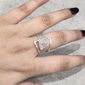 Rough <b>Womens</b> <b>Ring</b> Natural Rose Quartz Gemstone April Birthstone Dual Band Christmas Handmade Jewelry 925 Sterling Silver <b>Ring</b> - Product Image 3