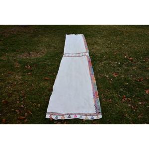 Alfombra de área turca Vintage de 2,3x14 pies, diseño de retazos rectangulares grandes, látex de lana de estilo blanco tradicional para decoración de habitación de pasillo - Product Image 1