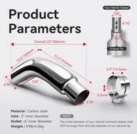 Tuyaux d'échappement coudés chromés 4'' et 5'' pour diamètre intérieur (I.D.) et 5'', 6'', 7'', 8'' pour diamètre extérieur (O.D.), longueur 23'', finition polie ou chrome noir