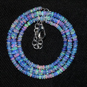 Collier éthiopien en opale de feu naturelle 18 "perles de rondelle lisse couleur bleu clair et orange collier poli en opale de feu - Product Image 1