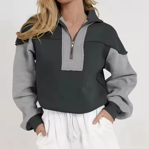 Mujer cremallera contraste color manga larga casual hafe zip HOODIE - Product Image 5