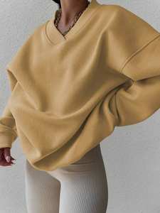 Yellow Oversized <b>Women's</b> <b>V</b>-<b>Neck</b> <b>Sweatshirt</b> Heavyweight Cotton Fleece Pullover Breathable Drop Shoulder Loose Fit Long Sleeves - Product Image 4