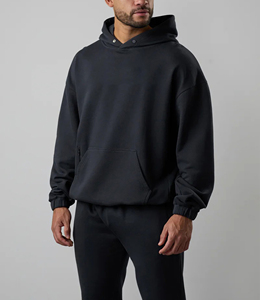 Vente flash Ensemble sweat-shirt et pantalon de survêtement 2 pièces pour homme 100% coton molleton surdimensionné ample épaules tombantes uni noir survêtements 2026 - Product Image 6