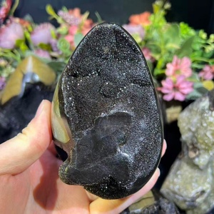 Natural Black Septarian Dragon Stone Egg Polished Healing <strong>Crystal</strong> <strong>Geode</strong> Mineral Specimen Septarium Nodule for Home Decor Gift - Product Image 1