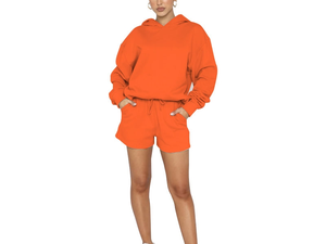 Ropa deportiva de Invierno para mujer, conjunto de 2 piezas con capucha y pantalones cortos con insignia de logotipo personalizado, tela tejida de diseño frontal - Product Image 3
