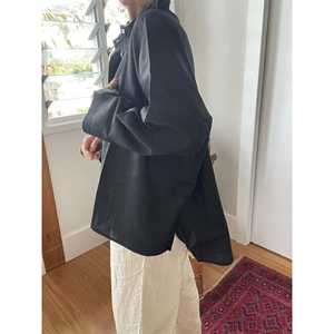 Camisa Larga Oversize de Lino para Mujer, Estilo Vintage Negro, Transpirable, 100% Lino, Cuello con Volantes, Decoración de Encaje, Ideal para Primavera - Product Image 1