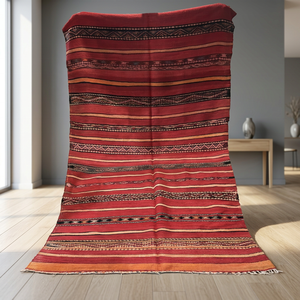 Tapis tribal fait main, kilim marocain rayé en laine noué à la main, à poils ras, rectangulaire, avec support en jute, épaisseur moyenne, pour salon et maison - Product Image 1
