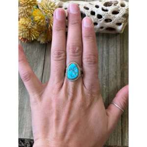Bague en argent sterling plaqué or rose avec turquoise Kingman faite à la main par les Navajo, taille 7.25, sertissage clos, incrustation, marque privée sous licence 'Is' - Product Image 2