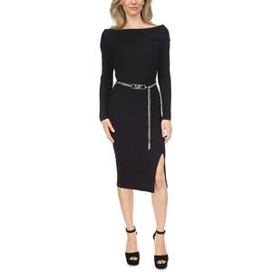 Michael for Michael Kors Black Dress with Ribbed <b>Chain</b> <b>Belt</b> Size L Sheath Silhouette Natural Waistline - Product Image 1