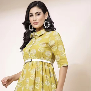 Nouvelle Robe Courte Évasée Décontractée pour Femme, Col Chemise, Manches Courtes, Imprimé Floral Jaune Moutarde, en Mélange de Coton, Ceinturée, Coupe Ajustée, Idéale pour l'Été - Product Image 1
