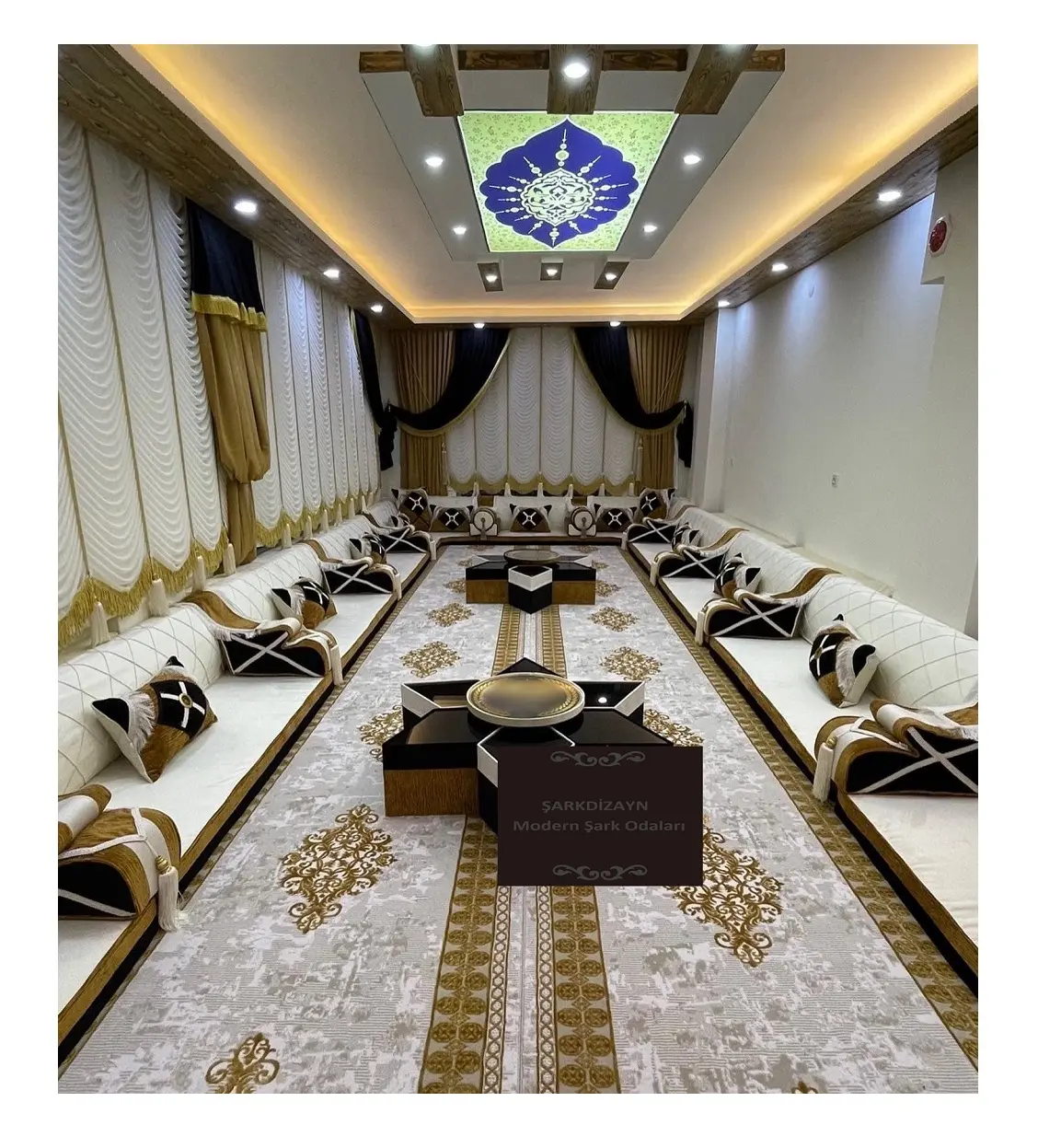 Arabic Majlis Moroccan Majlis Design | Sitting Height 40cm | Sofa + Wool Carpet + Curtain + Table Set FULL