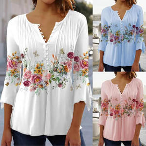<b>Womens</b> <b>Shirt</b> Blouse Light Blue White <b>Pink</b> Floral Button Print 3/4 Length Sleeve Casual Holiday Basic V Neck Ladies Blouses - Product Image 2
