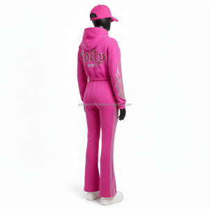 Survêtement d'hiver pour femmes en polaire 300 GSM Polyester Coton Toucher doux Design de panneau rose Logo en strass thermocollé Survêtements grande taille - Product Image 5