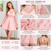 Robe Courte Femme à Imprimé Floral, Col Halter, Manches Longues Transparentes, Coupe Évasée, Style Décontracté et Élégant pour Fêtes, Fournisseur OEM ODM