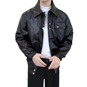 Veste de motard en cuir PU noir à coupe ample et coupe-vent haut de gamme pour hommes, tenue d'hiver décontractée et unie avec fermeture éclair écologique - Product Image 5
