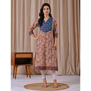 Grey Blue Butta <b>Block</b> <b>Printed</b> Cotton Straight Kurti Casual Day Wear for Women XS Breathable and Natural Waistline ODM Supply - Product Image 3