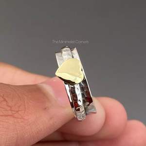 Anillo giratorio de corazón de dos tonos de plata 925, banda de meditación hecha a mano para mujer con ágata estilo clásico para boda y fiesta - Product Image 3