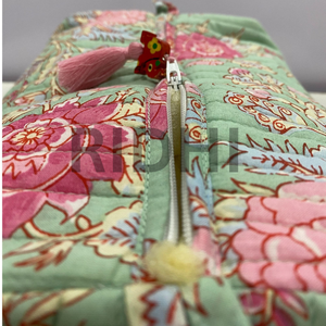 Pastel Jade with Pink Blossom Cotton Quilted Zipper Tote <b>Bag</b> Floral Block Printed Travel <b>Toiletry</b> Reusable Grocery Shopping Tote - Product Image 3