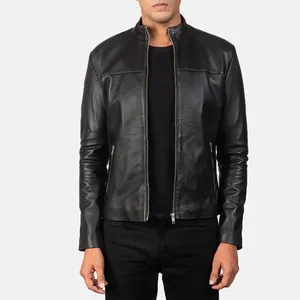 Black Cafe Racer Leather <b>Jacket</b> - Product Image 1