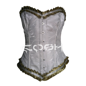 Corset victorien blanc en brocart avec baleines en acier et bordure en ruban doré à volants - Product Image 1