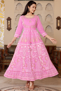 Ensemble pantalon et kurta indien ethnique pour femme, en coton rose, col en V, manches longues, silhouette évasée, lavable en machine - Product Image 6
