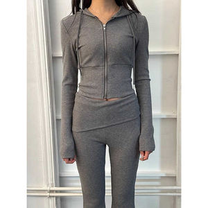 Conjunto de 2 piezas de punto para mujer, Top corto de manga larga con cremallera y mallas acampanadas de tiro bajo, conjunto de pantalones Jogger, ropa de descanso, chándal para mujer - Product Image 2