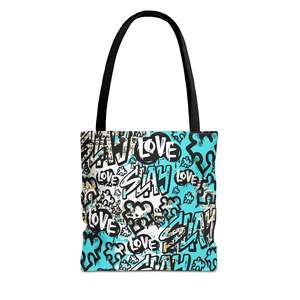Borsa Tote Urban 'Slay' Blu Chic, Leggera in PU, Design Vibrante con Graffiti, Motivo a Pezzi di Puzzle, Fodera in Poliestere, Catena - Product Image 1