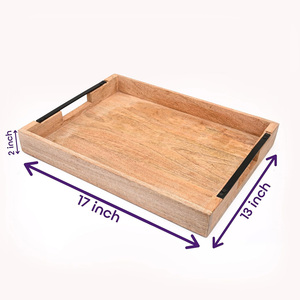 Plateau artisanal en bois de manguier avec poignée en métal rustique pour servir le café dîner bar petit déjeuner table de cuisine ou affichage décoratif - Product Image 3