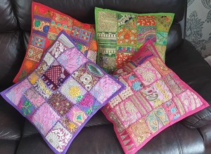 Indian Handcrafted Patchwork & Embroidery <b>Cushion</b> Cover Recycled Sequin Home Decor Living Room Ethnic Boho Decor - Product Image 4