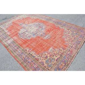 พรมตุรกีวินเทจขนาดใหญ่6.8x10.9ฟุตสไตล์คลาสสิกสีแดงเบจสไตล์การเย็บปะติดปะต่อกัน10มม. ยางลาเท็กซ์ขนสัตว์สำหรับห้องโถง - Product Image 2