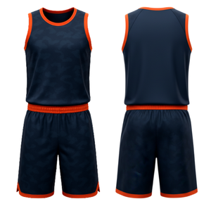 Conjunto de Uniforme de Baloncesto Azul Marino con Camuflaje Más Vendido - Jersey de Malla con Ribete Naranja y Pantalones Cortos para Equipos Adultos - Product Image 1