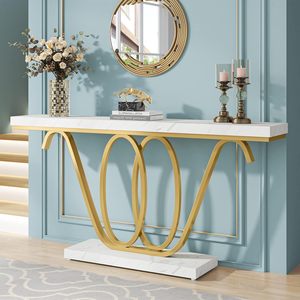 Table console en métal couleur or à 2 niveaux design moderne Design élégant pour entrée, salon ou couloir Déco - Product Image 2