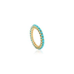 Elegant Classic Style 2mm Round Cut Turquoise Gemstone <b>Stacking</b> Full Eternity Band <b>Ring</b> 14K Real Yellow Gold Jewelry Supplier - Product Image 3
