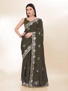 Nouveau concepteur Chinon soie séquence broderie travail Saree avec chemisier doux indien en vrac Saree pour la fête et les fonctions spéciales - Product Image 5
