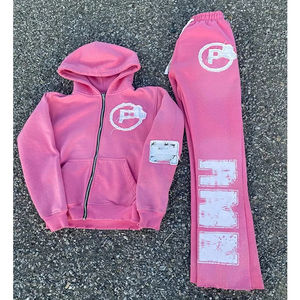 Sweat-shirts et pantalons de survêtement en molleton 100% coton avec impression de strass personnalisée, pour hommes, hiver, hip-hop, léger, délavé au soleil, fermeture éclair - Product Image 3