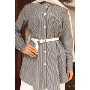 Costume décontracté à rayures avec détail poche et hauts longs MSW19242-1 Noir Longueur midi - Product Image 2